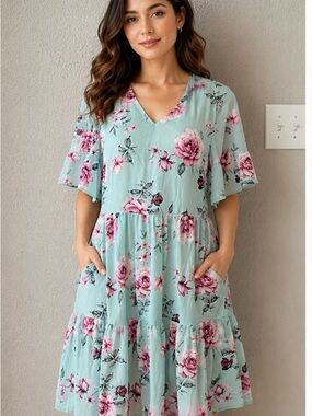 Fancyinn Mint Dress with Pink Floral Print